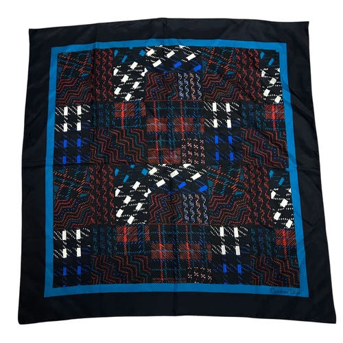 Foulard carré en soie à carreaux bleu Christian Dior vintage