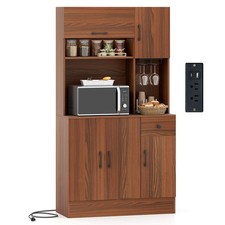 66" Pantry Cabinet Tall Kitchen Storage Cabinet with Charging Station Brown