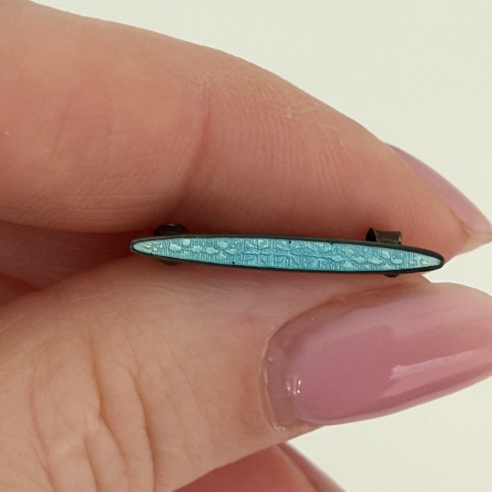 Antique Sterling Silver Blue Guilloche Enamel Small Thin Bar Brooch Pin