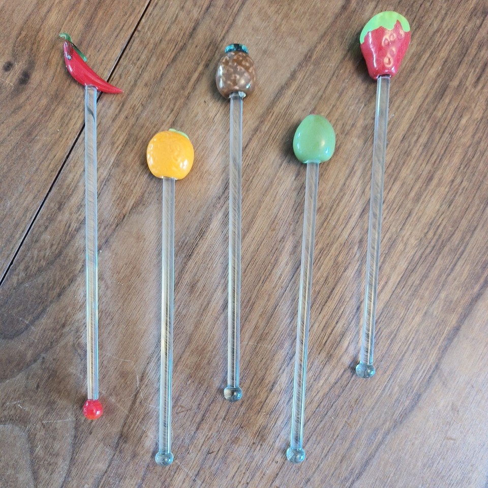 Set of 5 Vintage Glass Fruit & Veggie Cocktail Swizzle Sticks / Drink Stirrers