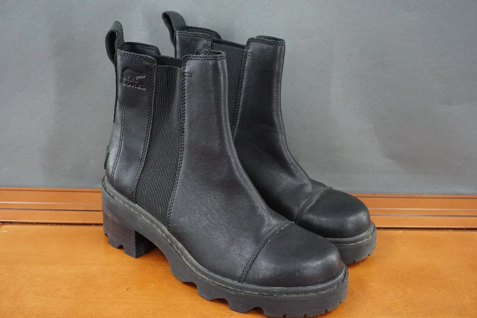 Sorel Joan Now Chelsea Boots Womens 8.5 US Black Leather Lug Sole Block Heeled - Image 3 of 4