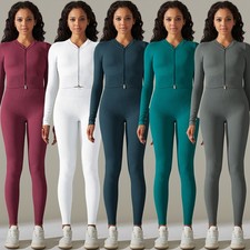 Women's 2 Piece Yoga Outfits High Waist Leggings Zip up Long Sleeve Workout Sets
