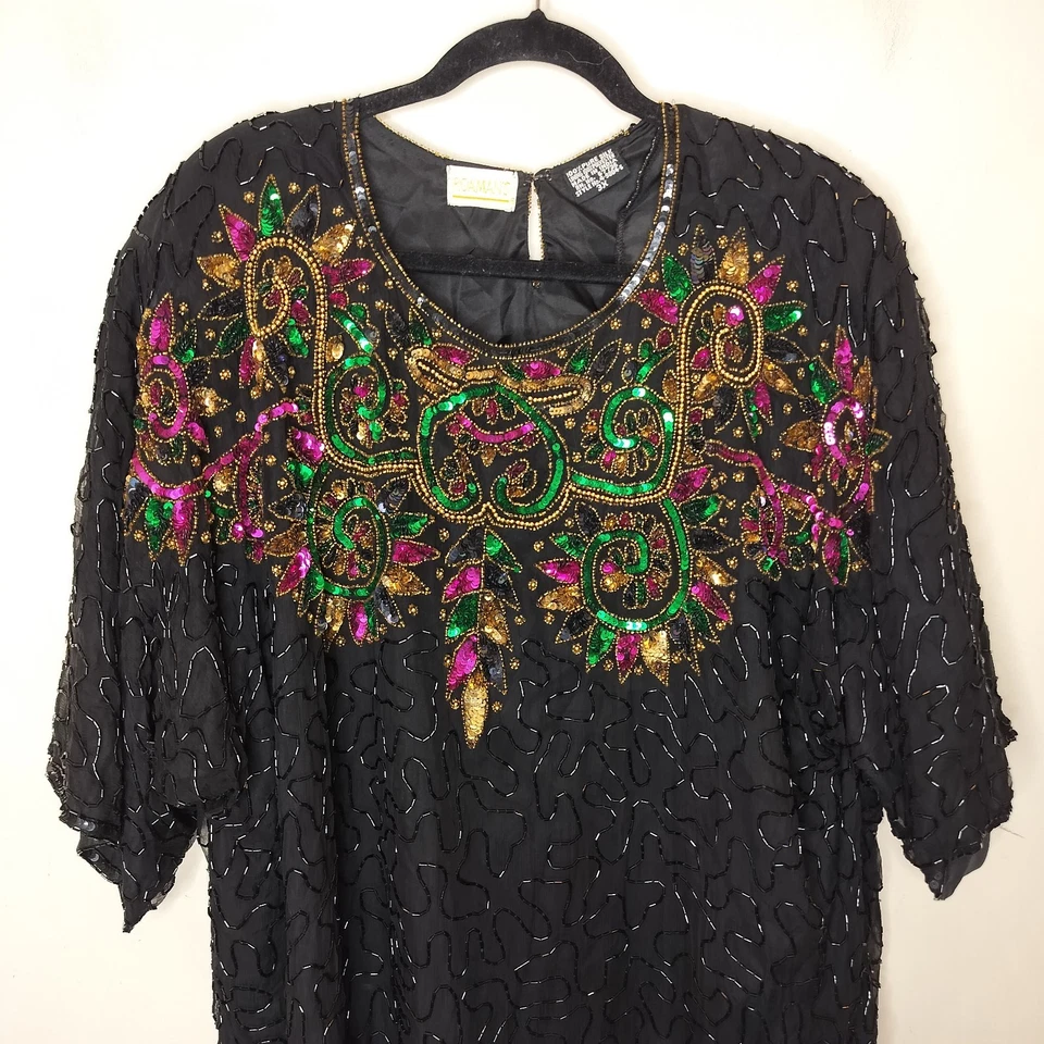 Blusa Top Formal Vintage Roamans Lentejuelas de Seda + Cuentas 3X Plus Mujer Túnica Foto 3 de 4