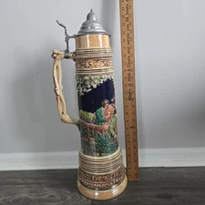 HUGE VINTAGE GERMAN GERZ 5 LITER LIDDED BEER STEIN, DEFREGGER STYLE 24 INCH HIGH