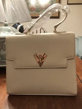 Valentino Orlandi V Taupe Vegan Leather Satchel Bag Long Strap Gold Wallet Set