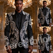 Men Suit Black Rhinestone Peak Lapel Mens Tuxedo Jacket Formal Wedding Groom