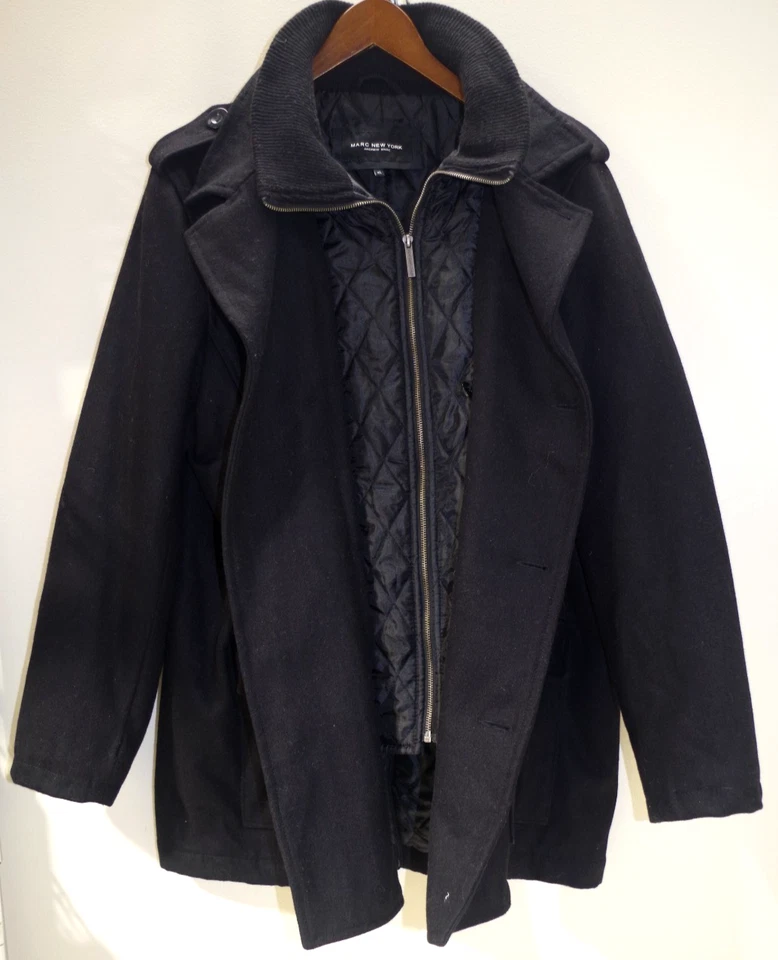 X2 Andrew Marc New York Men's XL Black Wool Coat D/B Jacket Zip Quilted Lined - Image 4 of 4