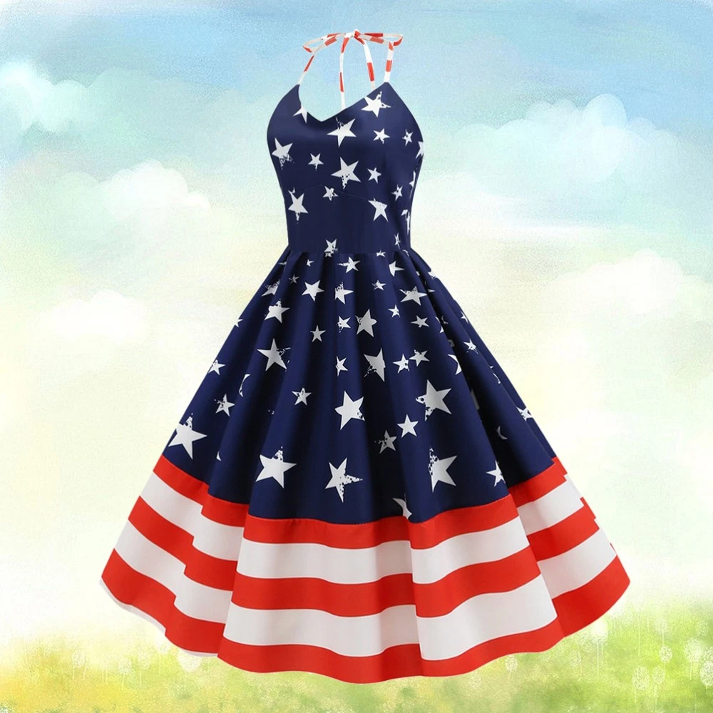 VETEMENTS Abito vintage Independence Day gonna stampata a righe stella moda donna vestito (