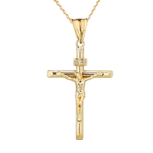 Collier pendentif croix crucifix en or jaune massif 14 carats (INRI) - Photo 1/3