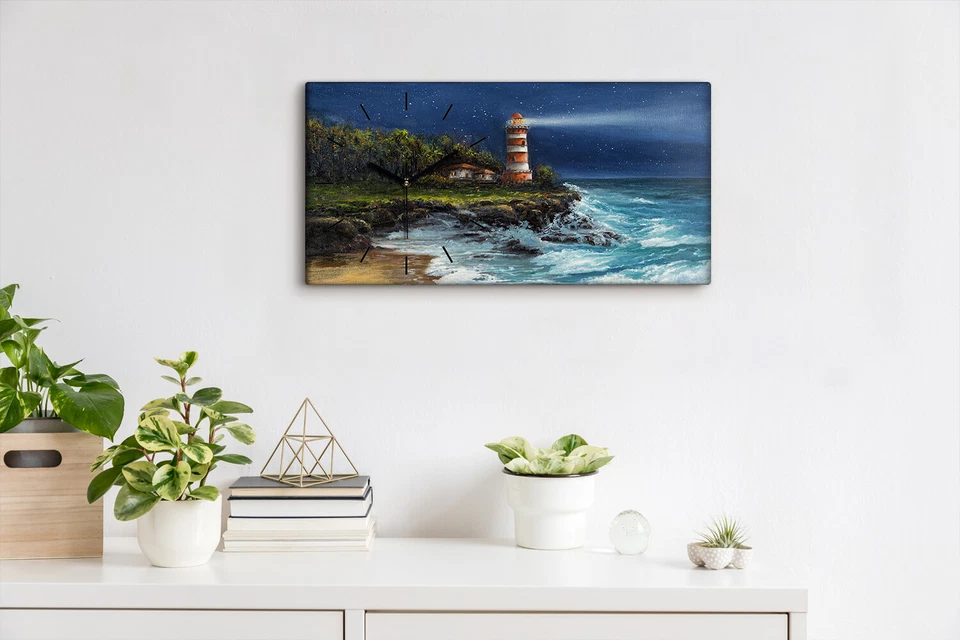 Dekor Leinwand Uhr Wandbilder 60x30 Gemälde Küste Ozean Wellen Leuchtturm - Bild 4 von 4