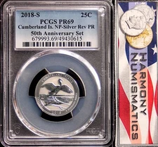 2018 S SILVER QUARTER 25C CUMBERLAND IS NP PCGS REV PR69 Blue Label 50th Ann