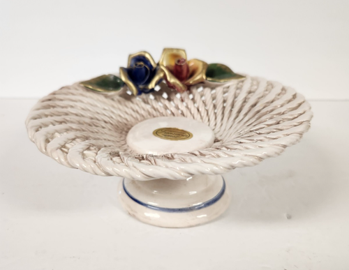 Lanzarin Ceramiche Italy Ceramic Lattice Basket W/Flowers Pedestal *Read*