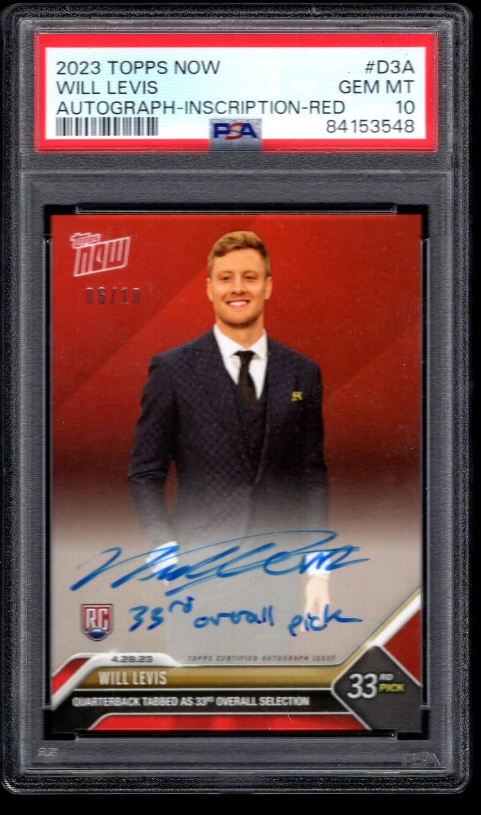 Will Levis Topps Now #D3A Autograph-Inscription-Red
