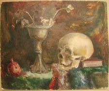 Russian Ukrainian Soviet Oil Painting Still Life realism skull cup pomegranate