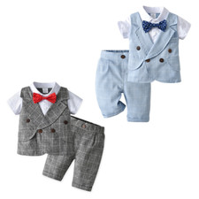 Summer Baby Boys Plaid Gentleman Short Sleeve Shirt Vest Trousers Two Piece Set