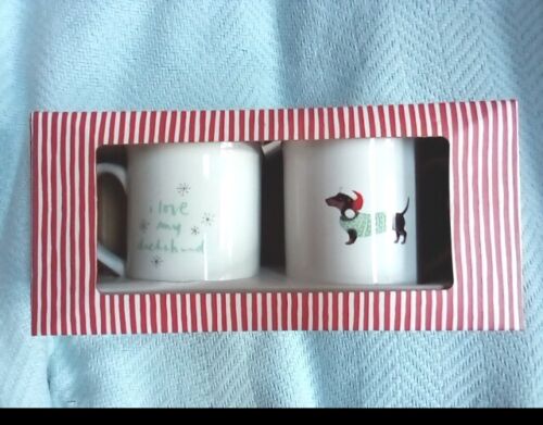 Fringe Set Of 2 Coffee Tea Mugs Dachshund Holiday Christmas Gift - Picture 1 of 5