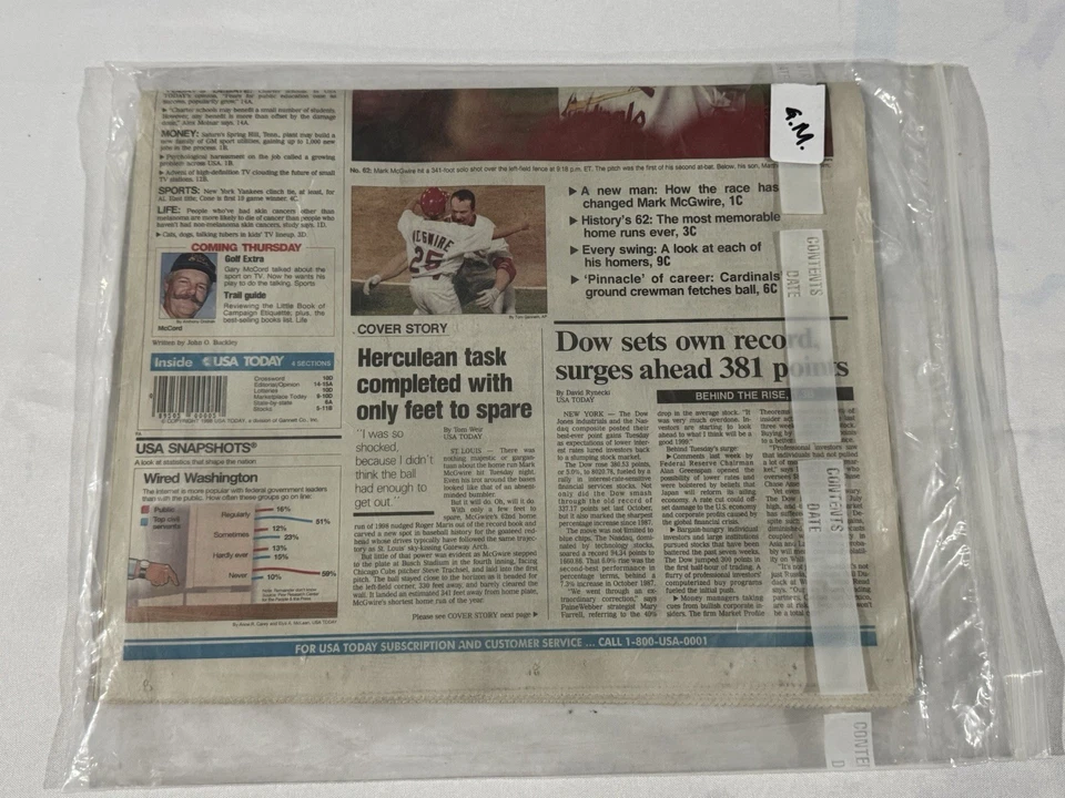 Mark McGwire 62nd Home Run USA Today Full Newspaper – 9/9/98 – HR Record Issue - Image 2 of 3