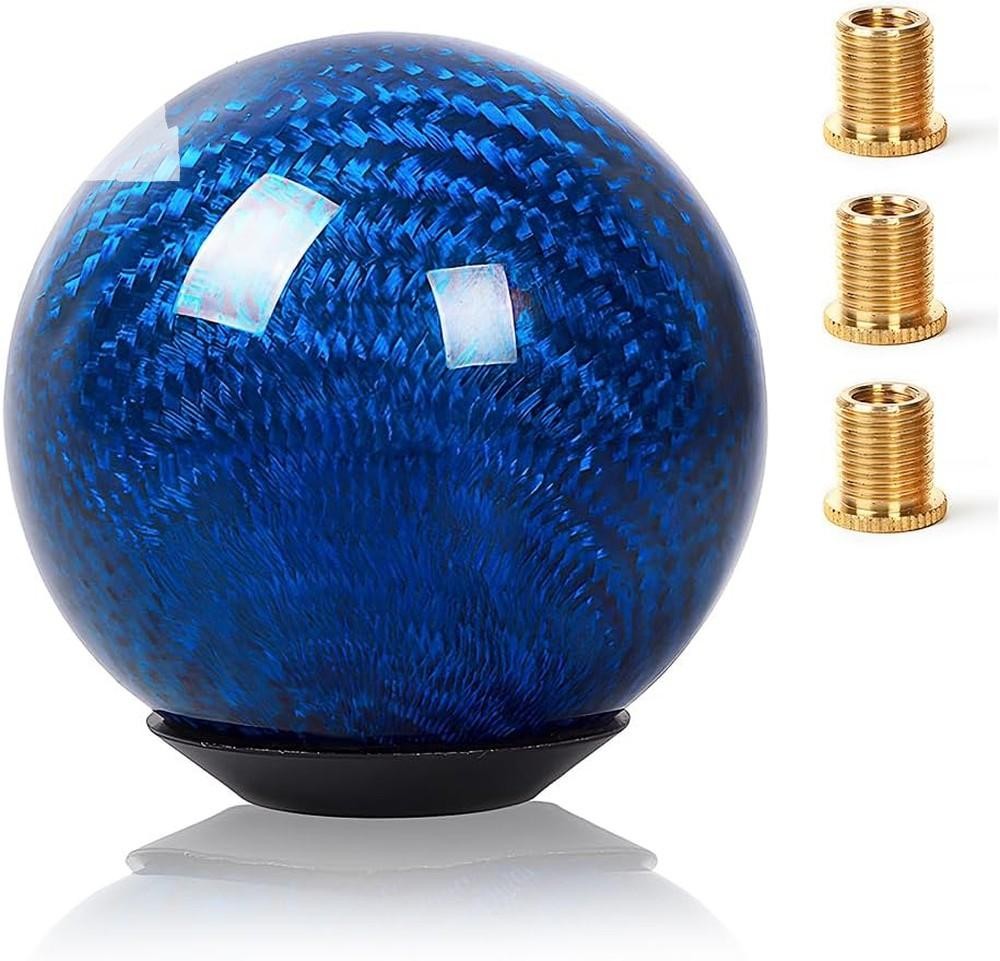 Universal Real Carbon Fiber Shift Knob Round Ball Shifter Blue 3 Adapters