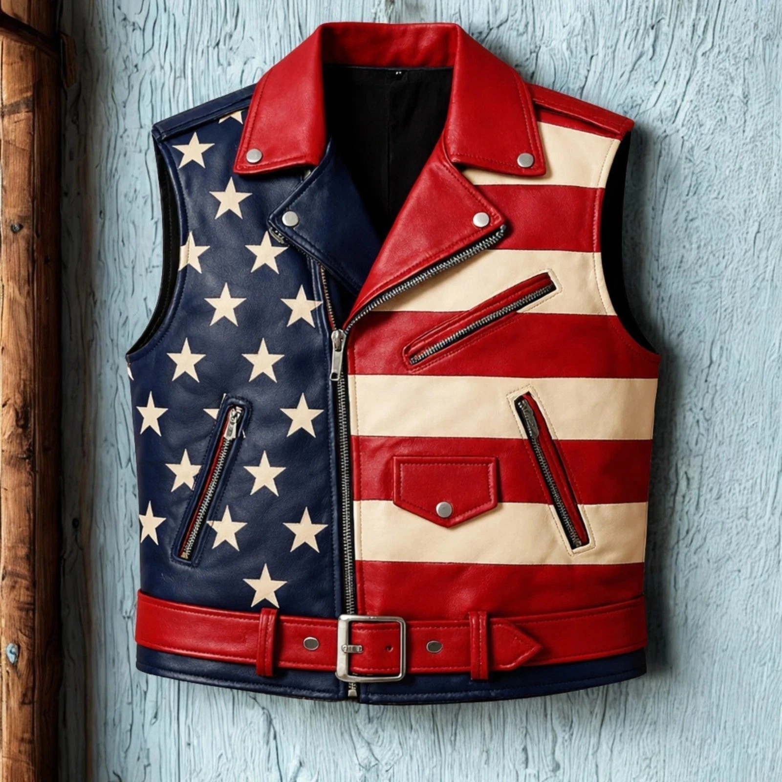 Mens American Flag Leather Vest USA Biker Patriotic Motorcycle Sleeveless Jacket