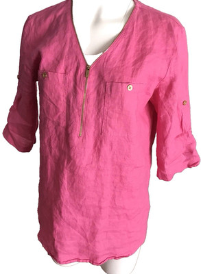 Ellen Tracy Company Linen Roll Tab Sleeve Tunic Top Sz M Peony Coastal Zip Neck