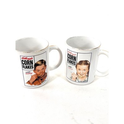 Vintage Kelloggs Corn Flakes Norman Rockwell Mugs Set of 2 Pigtails Freckles