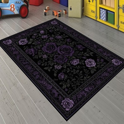 Purple Black Rug,For Living Room BlackPurple Rug,Purple Roses Design Rug,Fan Rug
