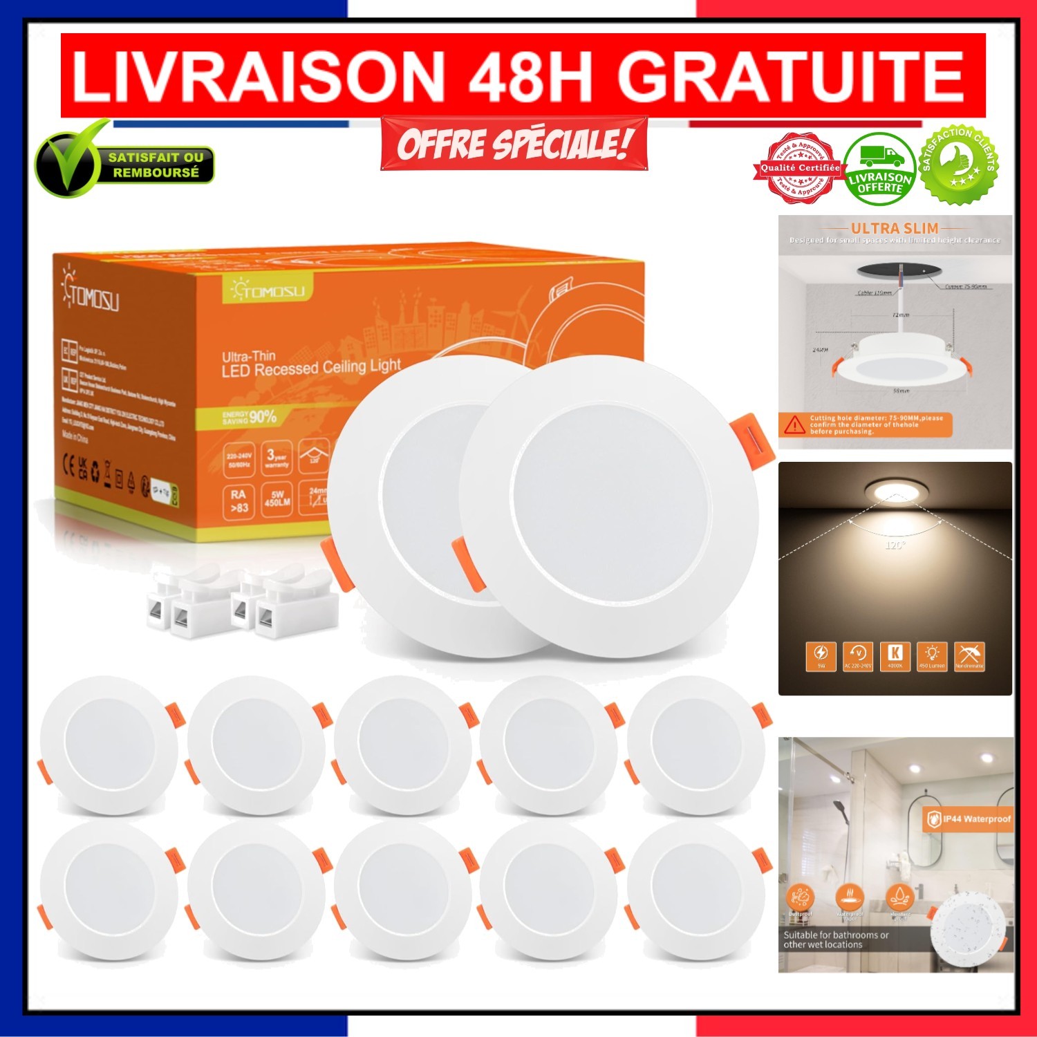 Spot LED encastrable 5W blanc neutre pour illuminer le salon et la cuisine en lot de 10