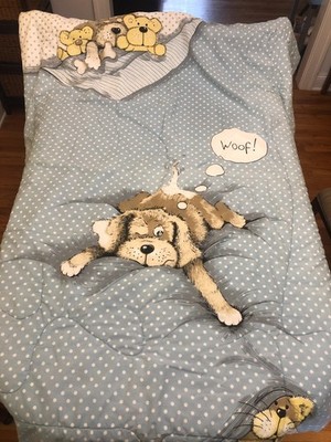 Vintage 1987 Patch The Dog & Friends Sue Hall Blue Twin Bed Comforter Blanket