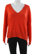 Autumn Cashmere Women Pullover 100 Cashmere V-Neck Orange Long Sleeve Size M