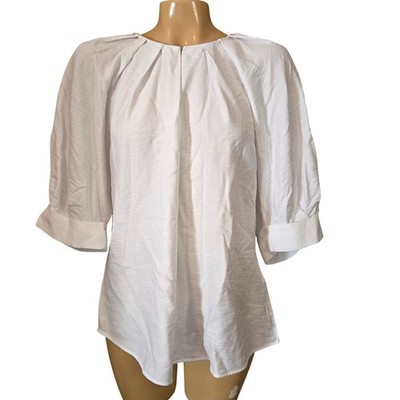 Soft Surroundings Cusco White Pleated Neck 3/4 Puff Sleeve Top Women Size Med.