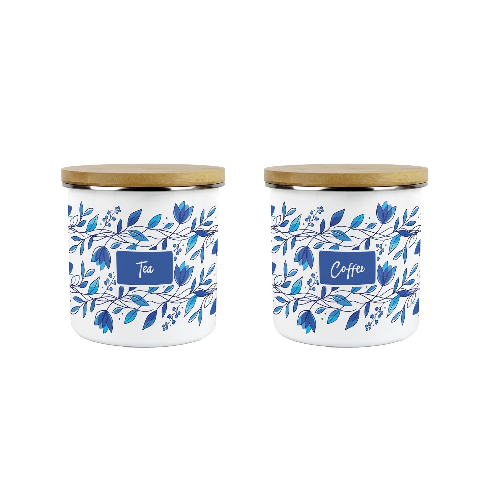 Blue Petals Tea & Coffee Canisters - Floral 600ml Kitchen Containers Gift