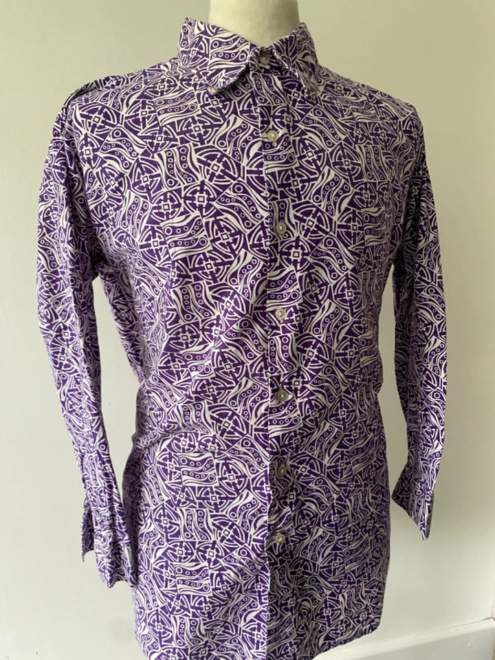 VTG mens 70's LOTUS PURPLE RETRO PATTERN LOOSE FIT LONG SLEEVED SHIRT 44-46" - Image 4 of 4