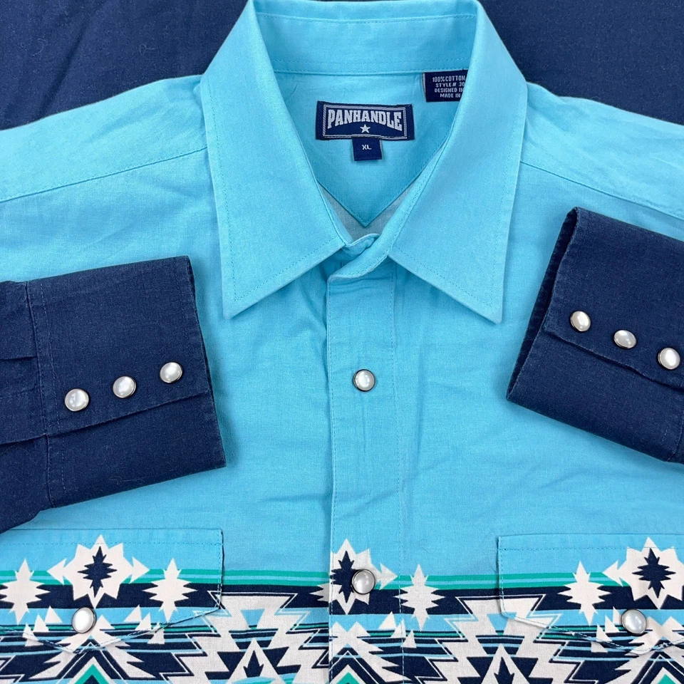 Panhandle Slim Shirt Men XL Blue Pearl Snap South Western Cowboy Aztec Navajo - Image 2 of 4