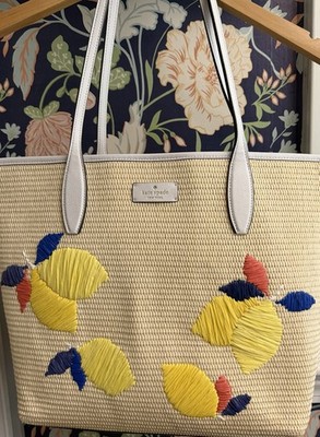 Kate Spade New York Lemon Straw Tote Bag, Medium White/Yellow