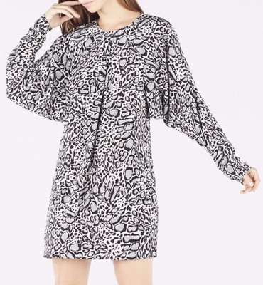 $338 NWT BCBG MAX AZRIA SzS RYLEIGHT OCELOT PRINT SILK DRESS IN DOVE COMBO 