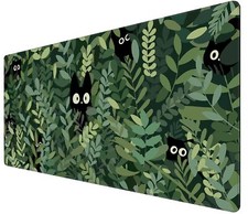 Kawaii Cat Mouse Pad Xl-31.5x15.7in-Anime Black Cat Green Plant Desk Mat Pad-...