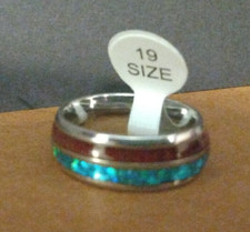 Men's Unisex artificial Wood Blue Inlay Wedding Ring sz 9.25 Stainless Steel