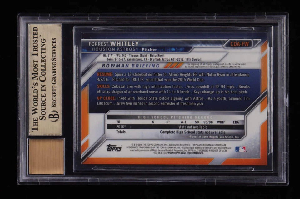 Forrest Whitley Signed 2016 Bowman Chrome Draft #CDA-FW RC (Beckett Gem Mint 9.5 - Image 2 of 2