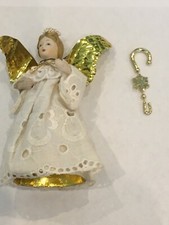 Vintage Christmas Ornament Angel Bisque Porcelain Head White Eyelet Dress 6  