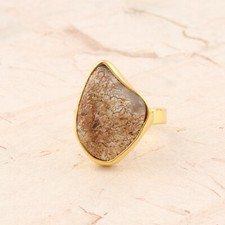 Natural Crazy Lace Agate Yellow Gold Plated Unique Handmade Adjustable Ring