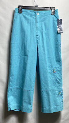 Koret women Embroidered capri bal harbour aqua blue sz 8 NWT