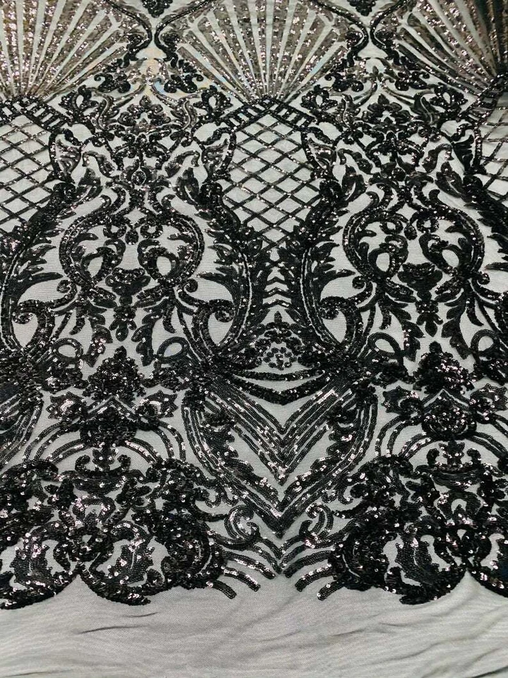 Tela de lentejuelas con diseño damasco negro en malla elástica de 4 vías encaje por yarda Foto 3 de 4