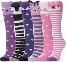 6 Pairs Girls Knee High Socks Kids Fun Gift Cute Animal Patterns Cotton Socks