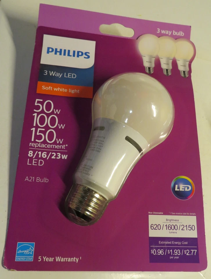 Philips 3 Way LED A21 Soft White Bulb 620/1600/2150 Lumens 50/100/150W New Seale - Image 2 of 4