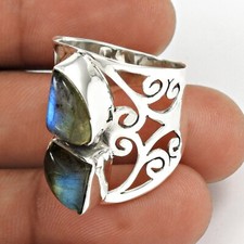 Valentine Gift Labradorite Gemstone Real 925 Sterling Silver Bezel Ring Size 7