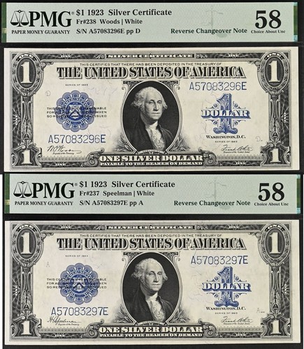 1923 $1 Silver Certificate PMG 58EPQ Reverse Changeover Fr 237 Fr 238