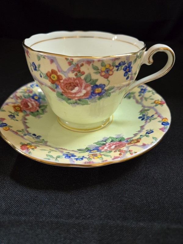AYNSLEY RARE GREEN CUP SAUCER WITH FLORAL BORDERS ENGLAND BONE CHINA