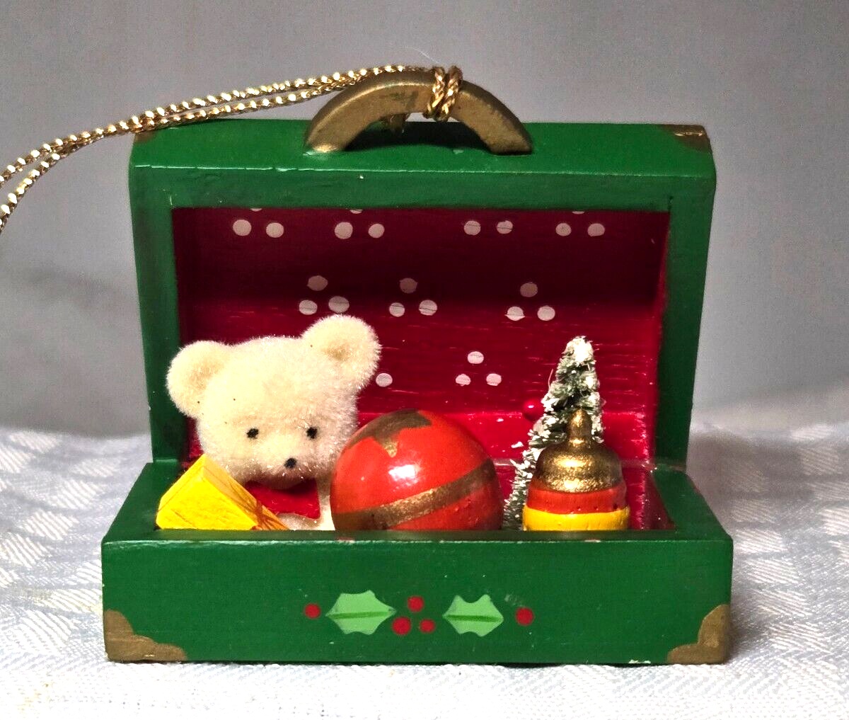 Vintage Enesco Wood Christmas Toy box with Bear, Toys and Tree - Holiday Decor
