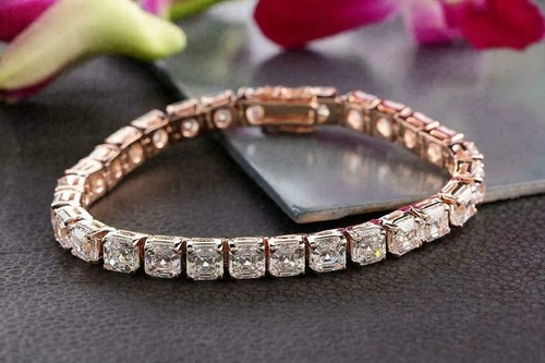 8Ct Asscher Cut Lab Created Diamond Tennis Bracelet 14K Rose Gold Plated Silver - Picture 9 of 9