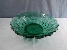 Fenton Green Glass Paneled Grape Pattern Bowl 10" Wide